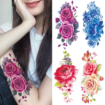 Nepremokavé Dočasné Kvet Tetovanie Ženy Móda Krása Rose Motýľ Flash 3D Falošné Tetovanie na Rameno Rukáv, Ružová, Modrá Nálepka Dievča