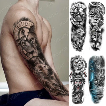 Nepremokavé Dočasné Plný Arm Tattoo Nálepka Lev Tribal Totem Bojovník Hodiny Flash Tetovanie Človeka Body Art Falošné Rukáv Tatto Žena
