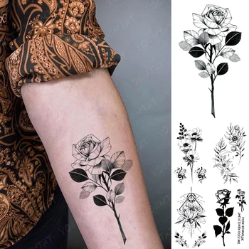 Nepremokavé Dočasné Tetovanie Nálepky Old School Black Rose Flash Tetovanie Kvety Ruky, Ramena, Zápästia Falošné Tatto Na Telo Umenie Ženy Muži