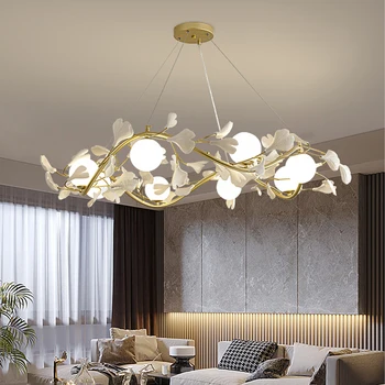 Nordic Dekoračné Lustre Obývacia Izba Moderného Domova Luxusné Sklenené Gule Biele Listy G9 Osvetlenie Kuchyne Zlato Listry