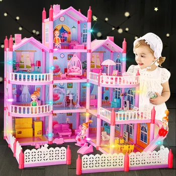 Nové Princezná Veľké Villa DIY Plastový domček pre bábiky Hrať Izba Nábytok Auta S Ľahké Montované Doll House Hračky Pre Deti, Deti Darček