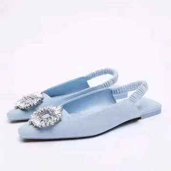Nové Sandále Dámske Topánky Modré Džínsové Tkaniny Ploché Bežné Tkaných Drahokamu Flitrami Dizajnér Dámske Sandále