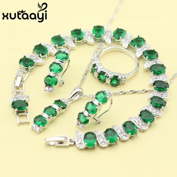 Nové Zelené Vytvorené Emerald Módne Striebornej farbe Farba Šperky Sady Elegantný Náhrdelník Prstene, Náušnice, Náramok Pre Ženy Zadarmo Darček