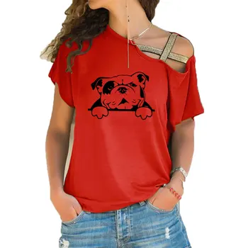 Nový anglický Buldog T Shirt Ženy Bavlna Krátky Rukáv Dievčatá Tshirt Psa Buldog T-shirt Nepravidelný Skosenie Kríž Obväz Čaj