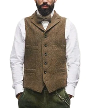 Pánske Oblek Vesty Mužov Hnedá Čierna Vesta Vesta Muž Steampunk Bunda Prekladané Tweed tvaru Slim Fit Gilet Homme Svadobné Oblečenie