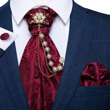 Pánske Premium Silk Ascot Kravatu Brošňa Pin Nastaviť Vintage Classic Red Muž Kravata Nastaviť pre Svadobné Formálne Šaty, Oblek Vesta Príslušenstvo