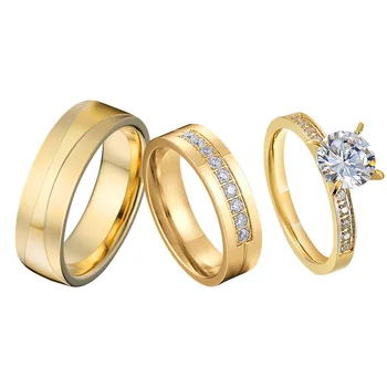 Pár Zásnubné Prstene cz Diamond 3ks sady pozlátené 24k gold dubai snubné prstene, šperky pre mužov a ženy Manželstvo Výročie