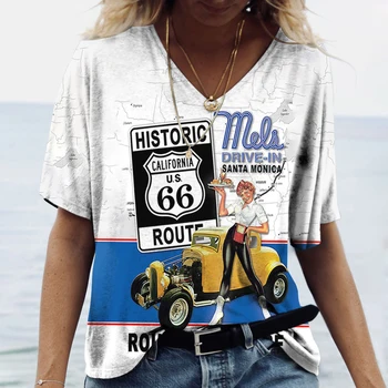 Route 66 Amerike Diaľnici dámske Tričko Leto V Krku Krátky Rukáv Tees Mužov Nadrozmerné tričká, Vintage Oblečenie Harajuku tričko