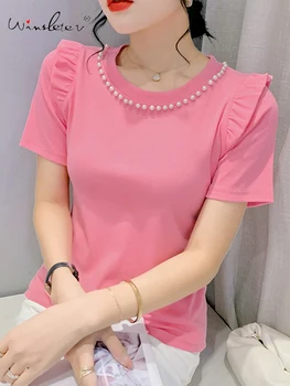Ružové tričko Ženy Dizajn Volánikmi Perly Lištovanie Elegantné Pevné O-krku Krátky Rukáv Bavlna Topy Nové 2022 Lete T25212X
