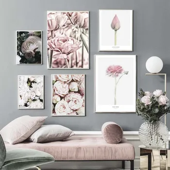 Ružový Kvet Ruže Nordic Plagáty Biela Pivónia Wall Art Plátno, Maľovanie Obrazov Na Stenu Pre Obývacia Izba Cuadros Decoracion Bez Rámu