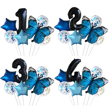 Sada 7 Modrý Motýľ Tému Party Detská Oslava Narodenín Dekor 32inch Čierne Číslo Balóny Star Balóny Sequin Balóny