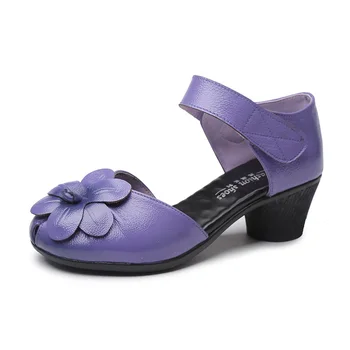 Sandales Femme Fialová Luxusné Kožené Sandále Ženy 2022 Elegantné Topánky Žena Kvetinový Podpätky Sandále Dámske Blok Päty Letné Topánky