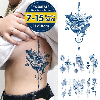 Semi-Permanentné Nepremokavé Dočasné Tetovanie Nálepky Veľryba Kompas Horách Genipin Bylinné Medúzy Šťavy Trvalé Atrament Falošné Tetovanie