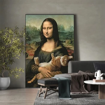 Slávny obraz s Úsmevom Mona Lisa s Mačkou Vintage Umelecké Plátno na Maľovanie Plagátu Vytlačí Wall Art Obraz Obývacia Izba Domova