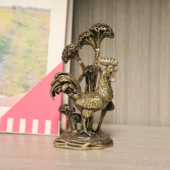 Starožitný Čistej Medi Korunovaný Kohút Ornament Bronz Zodiac Chicken Miniatúrne Figúrky Štúdia Stôl Paperweight Dekorácie Remeslá