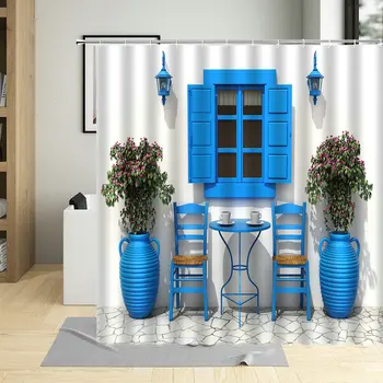 Tradičné Grécko Ulice Mesta Sprchový Záves Kvety Scénické Modré Okno, Kúpeľňa Decor Polyester Clorh Vaňa Záclony S Háčikmi