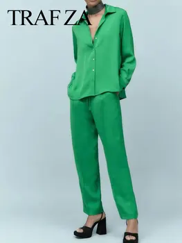 TRAF ZA Žien Zelené Nohavice Obleky Dlhý Rukáv Tlačidlo Blúzka + Slim Šnúrkou Rovné Nohavice Módne Žena Ležérne Oblečenie
