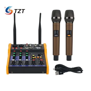 TZT TKL R2 4-Kanálový USB Zvukový Pult Konzoly Mini Bluetooth Audio Mixer S Bezdrôtové Mikrofóny