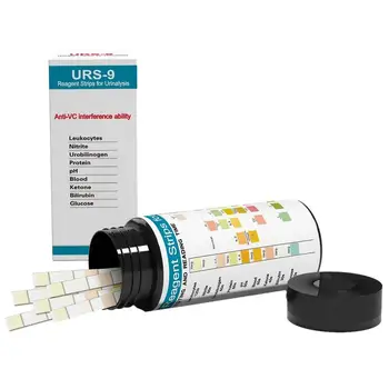 URS-9 100 Pásy Moču Činidla Test Papier 9 Parametre Moču Testovacie Prúžky Pre Leukocyty Urobilinogen Bielkovín PH