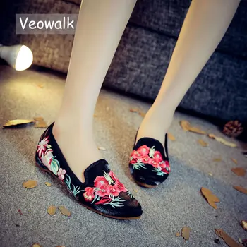 Veowalk Čínske Ženy Bytov Topánky Vintage Kvetinové Výšivky Ukázal Prst Pohodlie Slip-on Lete Balet Topánky Pre Ženy