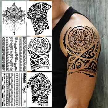 Veľké Kmeňové Totem Dočasné Tetovanie Pre Mužov, Ženy, Dospelých Henna Lotus Tetovanie Nálepky Falošné Čiernej Čipky Kvet Body Art Tatoos Rameno