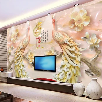 Vlastné tapetu domov a bohatstvo 3D reliéf páva magnolia gauč pozadí stene obývacej izby, spálne, reštaurácia dekorácie обои