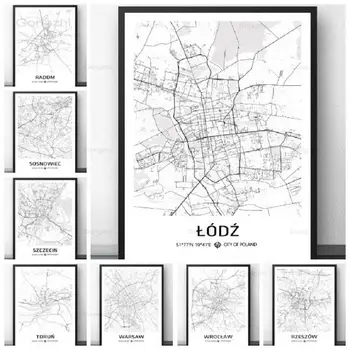 Vlastnú Mapu, Plagát, Poľsko Mesta Mapa Čiernej a Bielej Tlače Maľovanie Lodzi Radom Varšava Wroclaw Mapu pre Obývacia Izba Domova