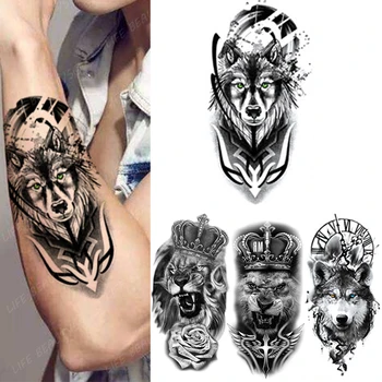 Vlk, Lev Muž Nepremokavé Dočasné Tetovanie Nálepky Tiger Had Flash Tetovanie Leopard Crown Cool Body Art Rameno Falošné Tetovanie Žena
