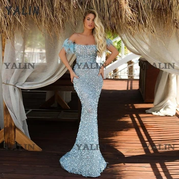 YALIN Luxusné Svetlo Modrá Večerné Šaty bez Ramienok Iskrivý Korálkové Sequined Formálne Noci Šaty Perie Morská víla Svadobné Party Šaty