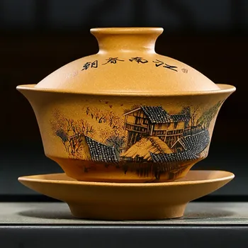 Yixing pôvodné rudy fialová piesku ručne maľované Jiangnan Chun dynastie gaiwan domácnosti Kung Fu tri talent gaiwan Soperas LB80313