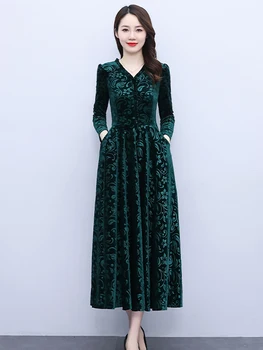 Zelené Modré Zamatové Šaty Dlhý Rukáv 2022 Jesenné Vinobranie Elegantné Maxi Šaty Pre Ženy Strana Červená Kórejský Módne Oblečenie Večer