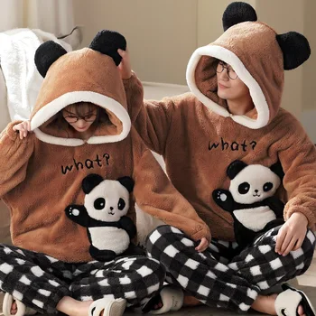 Zimné Zahustiť Páry Pyžamo Sady Ženy Muži Anime Sleepwear Aldult Cartoon Panda Pyžamá Kórejský Hoodie Vyhovuje Milovníkom Nightgown