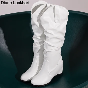 Zimné Žena záhyby Platformu Klinu Topánky Čierne Biele 8cm Päty, Kolená, Topánky na Jeseň Pani Kolená Vysoké Boot dámske topánky Botas De Mujer