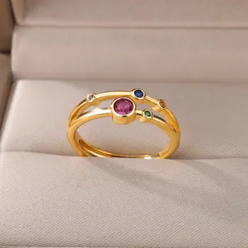 Zirkón Dvojvrstvové Otvoriť Prstene Pre Ženy, Zlatá Farba Nehrdzavejúcej Ocele Zapojenie Snubný Prsteň Žena Prst Šperky Darček K Narodeninám
