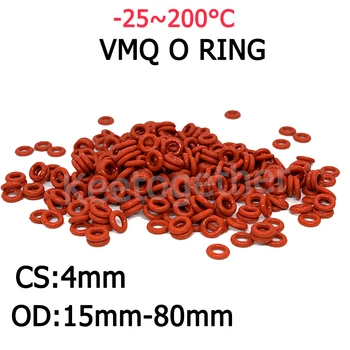 Červená Silikónová VMQ O-Krúžok Tesnenie pre potravinársky Tesniaci Krúžok Nepremokavé a Zateplené CS 4 mm OD 15-80mm