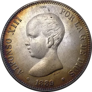 Španielske Mince 1889 MP M Španielsko 2 Pesetas - Alfonso XIII 1. Portrét Cupronickel Pozlátené Striebro obchod so Darček Zberateľské Mince