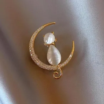 Štýlové a Elegantné, Intarzované Drahokamu Mesiac Kreslených Mačka Brošňa pre Ženy Trendy Nádherné Banquet Denne Šperky Darček