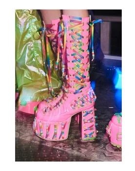Ženy Rainbow Platformu Ružová Duté Topánky Šaty Dievča Blok Vysokým Podpätkom Kolo Päte Topánky Dizajn Sexy Kožené Kríž Popruhu Topánky