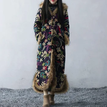 Ženy Zimný Kabát Kožušiny Golier S Kapucňou Voľné Vintage Zahustiť Bavlna Čalúnená Oblečenie Teplej Strane Split Dlho Vrchné Oblečenie