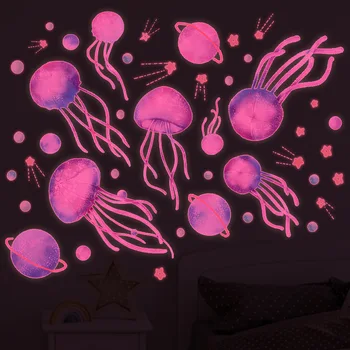 Žiarivú Ružovú Medúzy Samolepky na Stenu pre Deti Izby, Spálne, Domáce Dekorácie Podmorský Svet Stenu Svietiť V Tme Nálepky