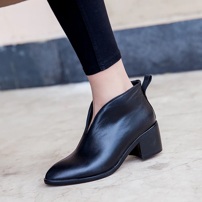 2022 Jeseň a v zime sa Ženy členková obuv prírodná koža 22-24.5 cm cowhide moderné topánky ukázal prst robustný päty krátke topánky Obrázok 0