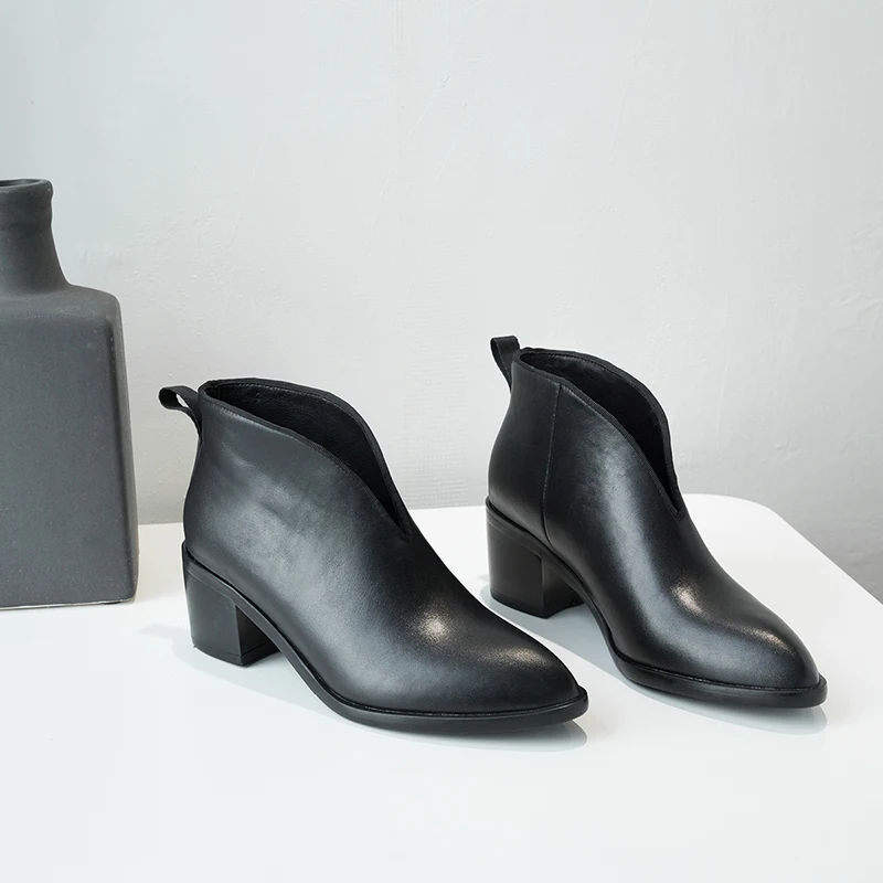 2022 Jeseň a v zime sa Ženy členková obuv prírodná koža 22-24.5 cm cowhide moderné topánky ukázal prst robustný päty krátke topánky Obrázok 4