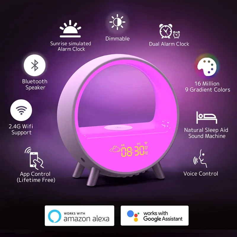 WIFI Smart Prebudiť Svetlo s 15W Bezdrôtové Nabíjanie Sunrise Budík Biely Šum Spánku Okolia stolná Lampa RGB Pracovať s Alexa Obrázok 2