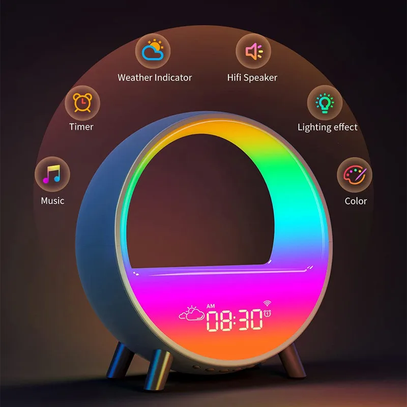 WIFI Smart Prebudiť Svetlo s 15W Bezdrôtové Nabíjanie Sunrise Budík Biely Šum Spánku Okolia stolná Lampa RGB Pracovať s Alexa Obrázok 3