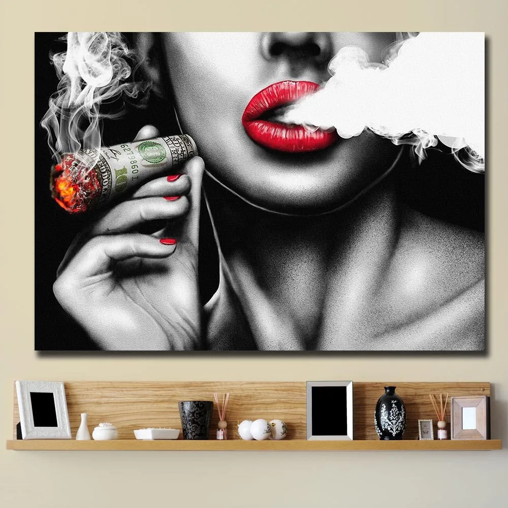 Moderný Pop Sexy Dievča je Fajčenie Cigár olejomaľba na Plátne Plagáty a Vytlačí Cuadros Wall Art Obrázky Pre Obývacia Izba Obrázok 0