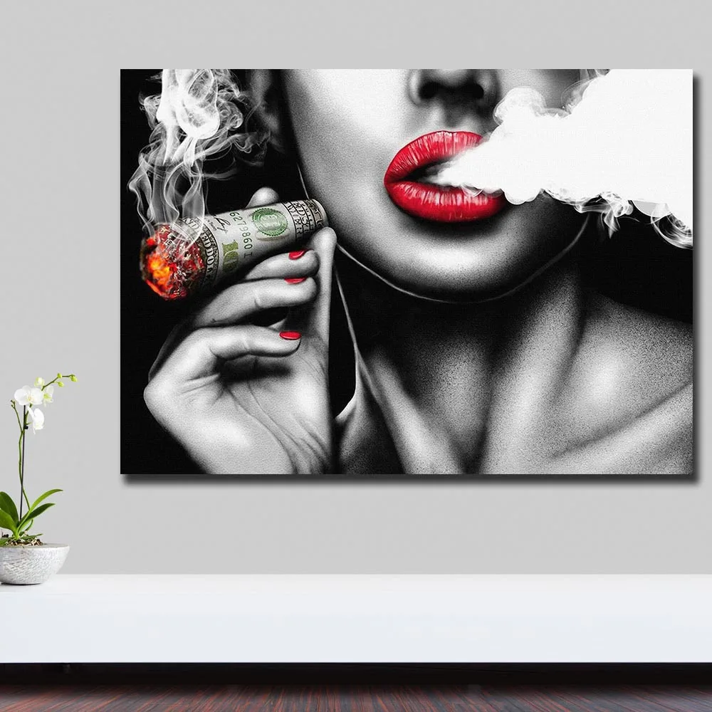 Moderný Pop Sexy Dievča je Fajčenie Cigár olejomaľba na Plátne Plagáty a Vytlačí Cuadros Wall Art Obrázky Pre Obývacia Izba Obrázok 1