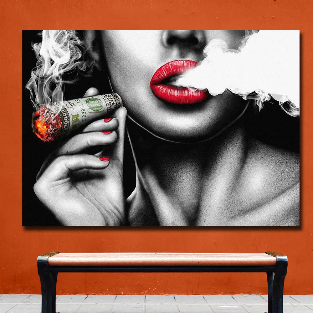 Moderný Pop Sexy Dievča je Fajčenie Cigár olejomaľba na Plátne Plagáty a Vytlačí Cuadros Wall Art Obrázky Pre Obývacia Izba Obrázok 2
