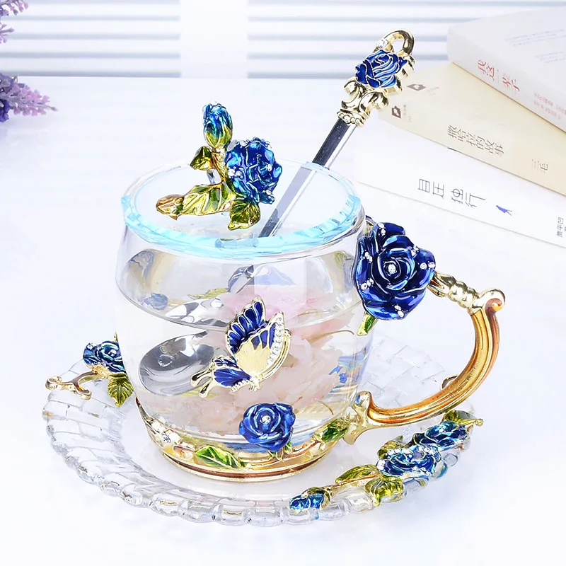 Kreatívne Modrá Ruža Smalt Crystal Šálku Čaju Kávy Hrnček Motýľ Rose Maľované Kvet Vody Poháre Číre Sklo s Lyžica Set Obrázok 0