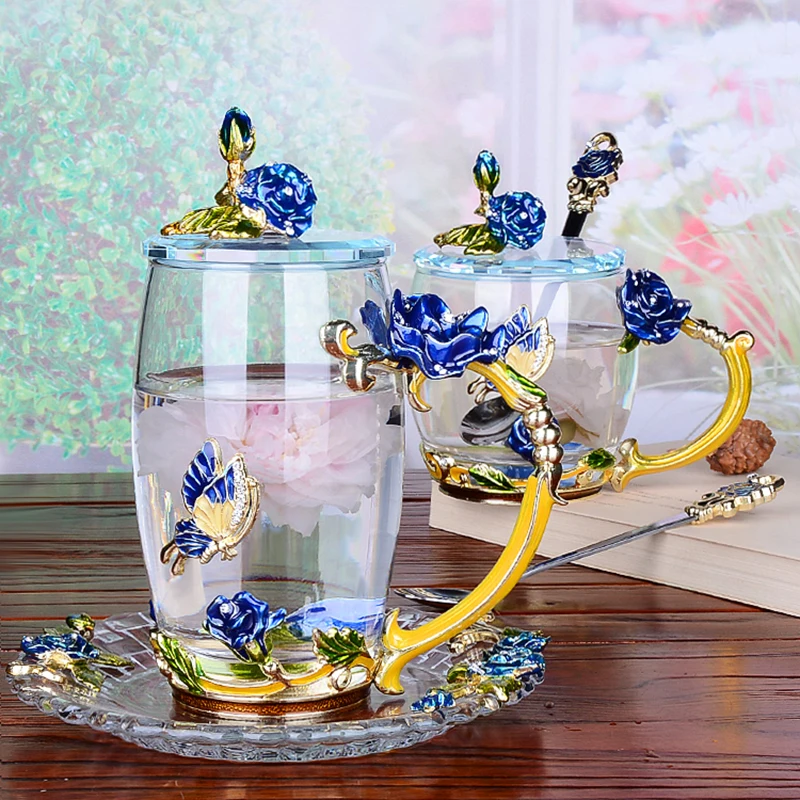 Kreatívne Modrá Ruža Smalt Crystal Šálku Čaju Kávy Hrnček Motýľ Rose Maľované Kvet Vody Poháre Číre Sklo s Lyžica Set Obrázok 1