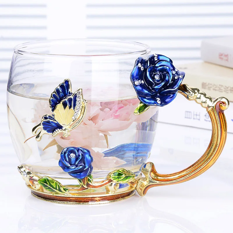 Kreatívne Modrá Ruža Smalt Crystal Šálku Čaju Kávy Hrnček Motýľ Rose Maľované Kvet Vody Poháre Číre Sklo s Lyžica Set Obrázok 4